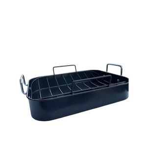 Crofton 16x12 Nonstick Roasting Pan with Removable V-Rack Black Carbon Steel